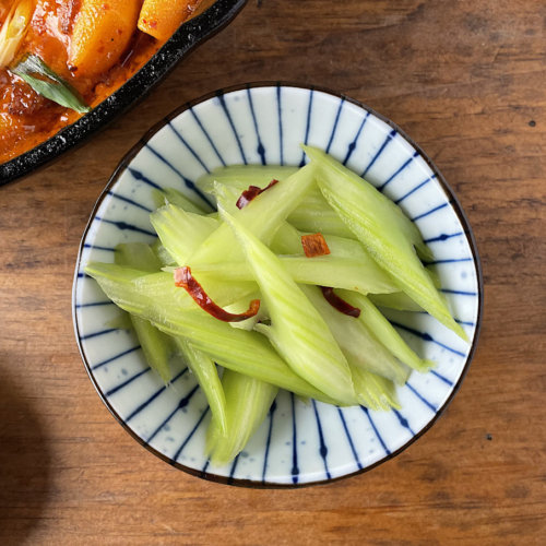 Japanese Pickled Celery Asazuke with Rose Tteokbokki on side