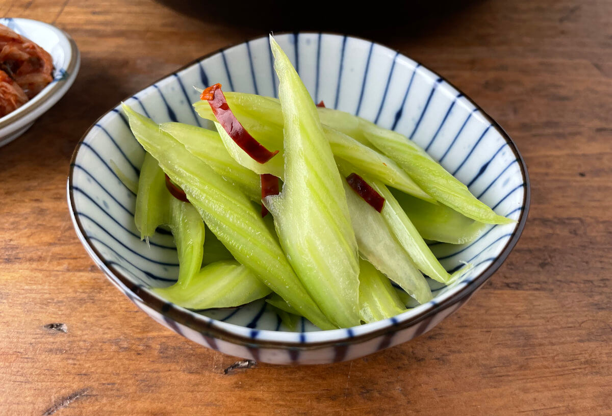 Japanese Pickled Celery Asazuke in a small bowl
