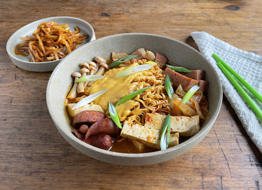 Korean Army Stew with moochae and napkin in background