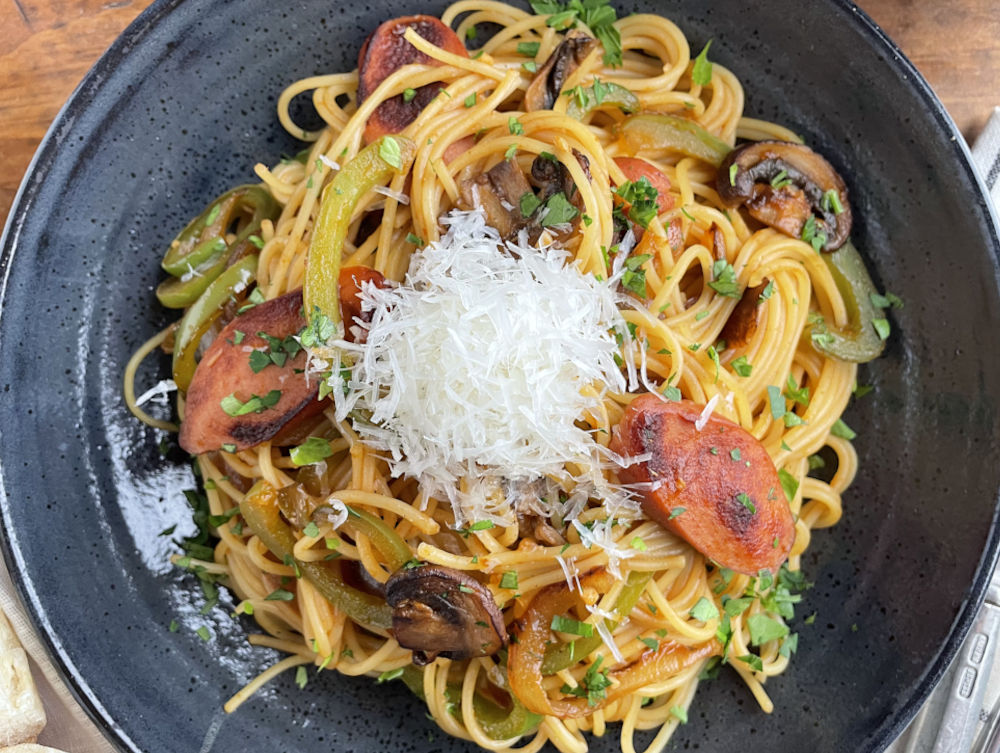 Spaghetti Napolitan with parmesan on top