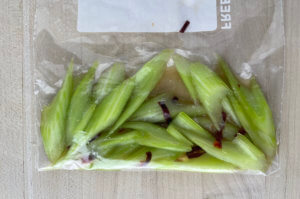 Celery pieces in ziploc bag with pickling agents