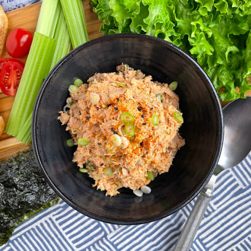 Gochujang tuna salad with flatbread, nori, and vegetables