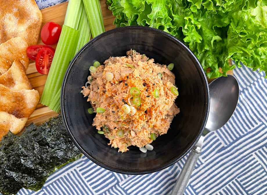 Gochujang tuna salad with flatbread, nori, and vegetables
