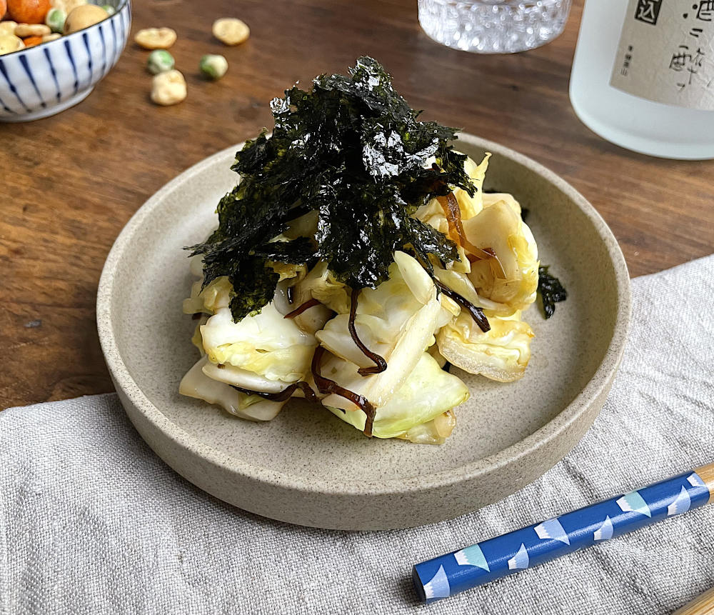 Japanese pickled cabbage with shio kombu and nori on top
