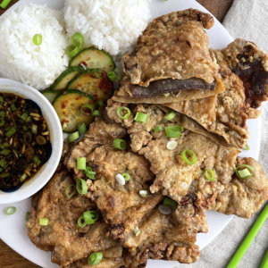 Meat Jun with dipping sauce and white rice