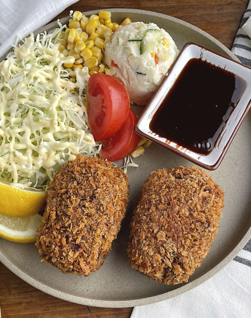 Menchi katsu with cabbage salad and tonkatsu sauce